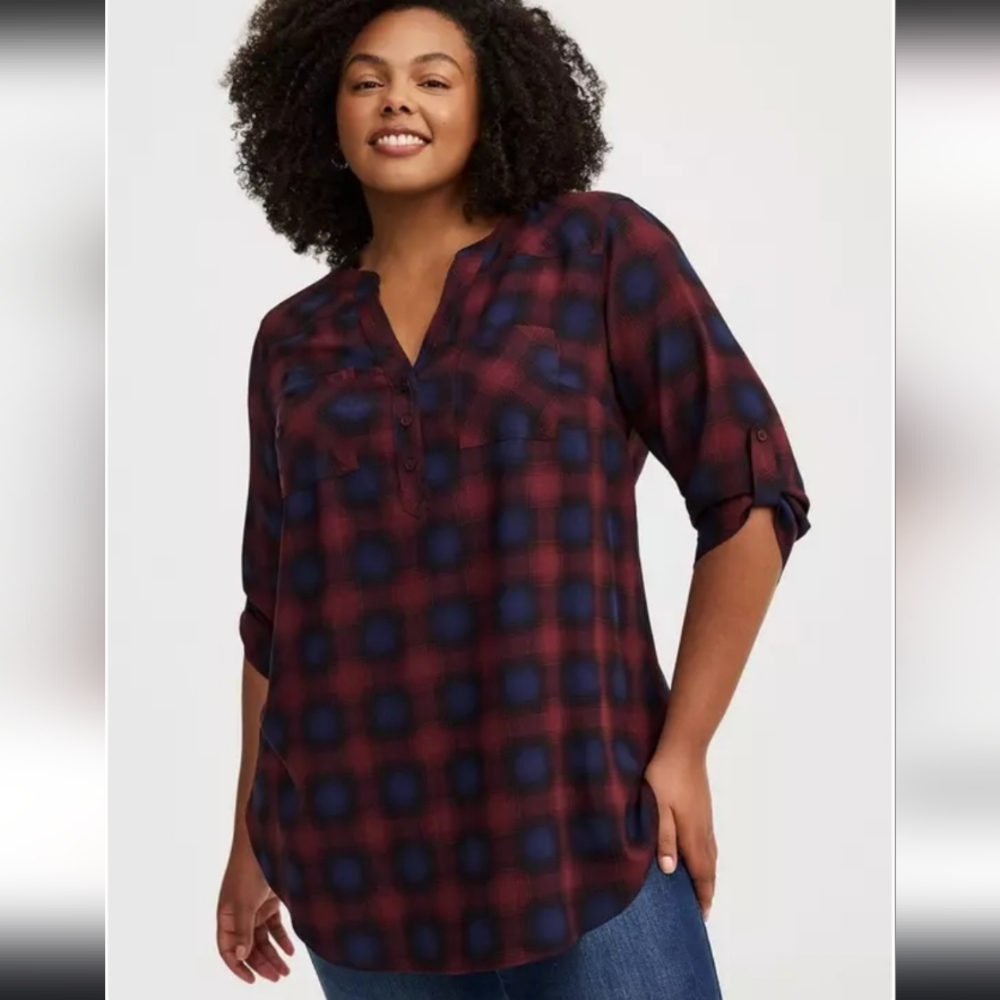 Torrid Plaid V-Neck Blouse - Black and Red